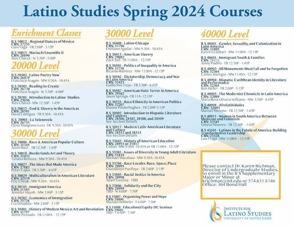 Latino Studies Spring 2024 Courses Poster