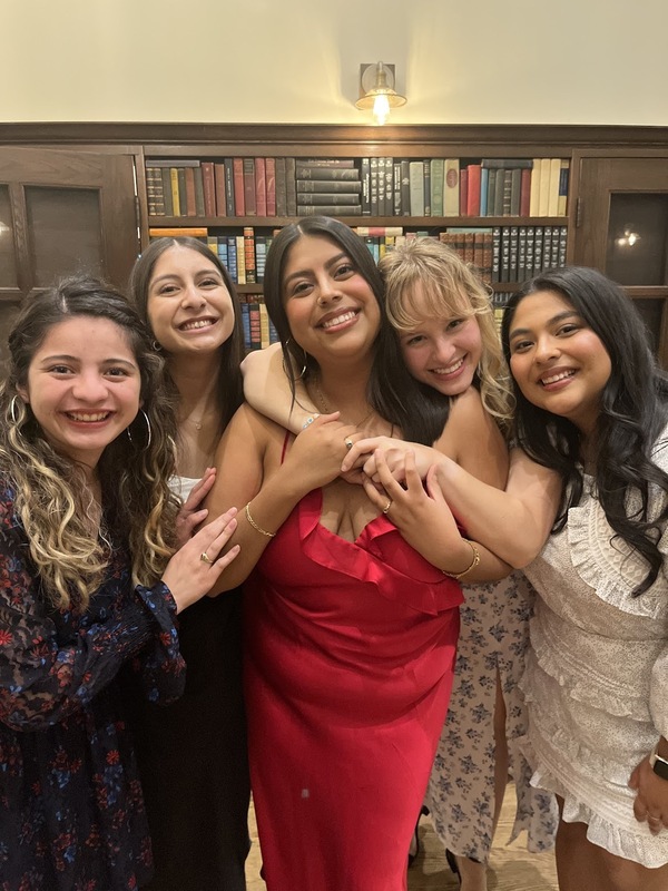 LSSP 4 recreating a photo from sophomore year at their graduation dinner hosted by ILS: (from left to right Sylvia Garcia, Miranda Colon, Yesenia Mendoza-Arriaga, Sofia Casillas, and Paola Ortiz.