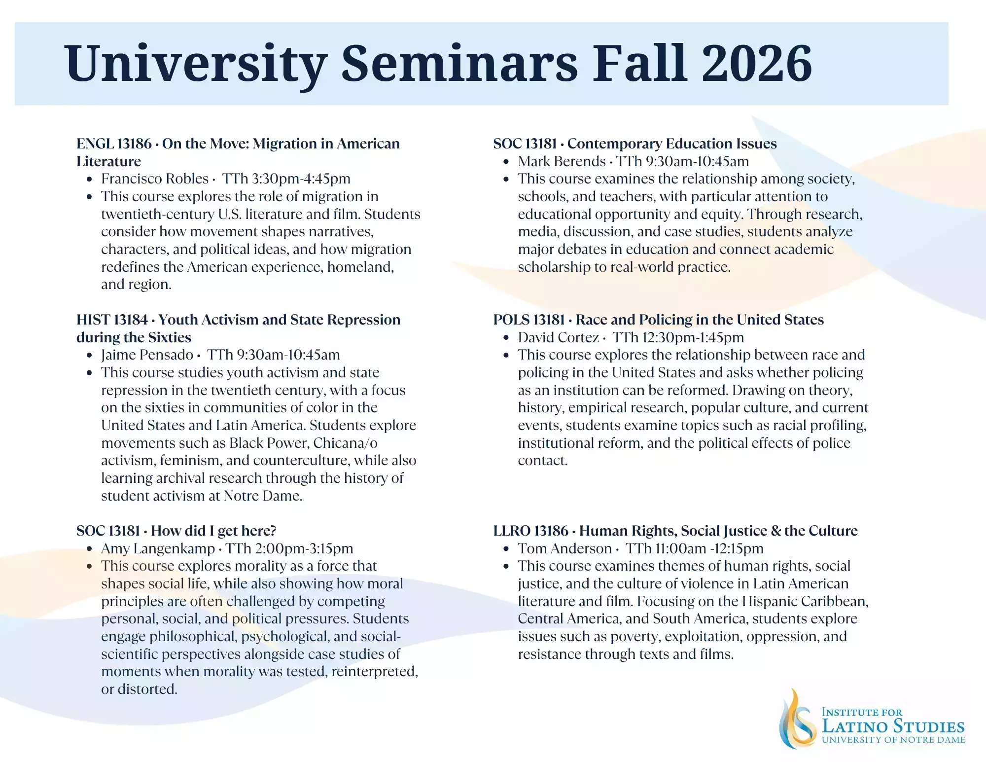 University Seminars Fall 2026 schedule with course descriptions. Includes Institute for Latino Studies at Notre Dame logo.