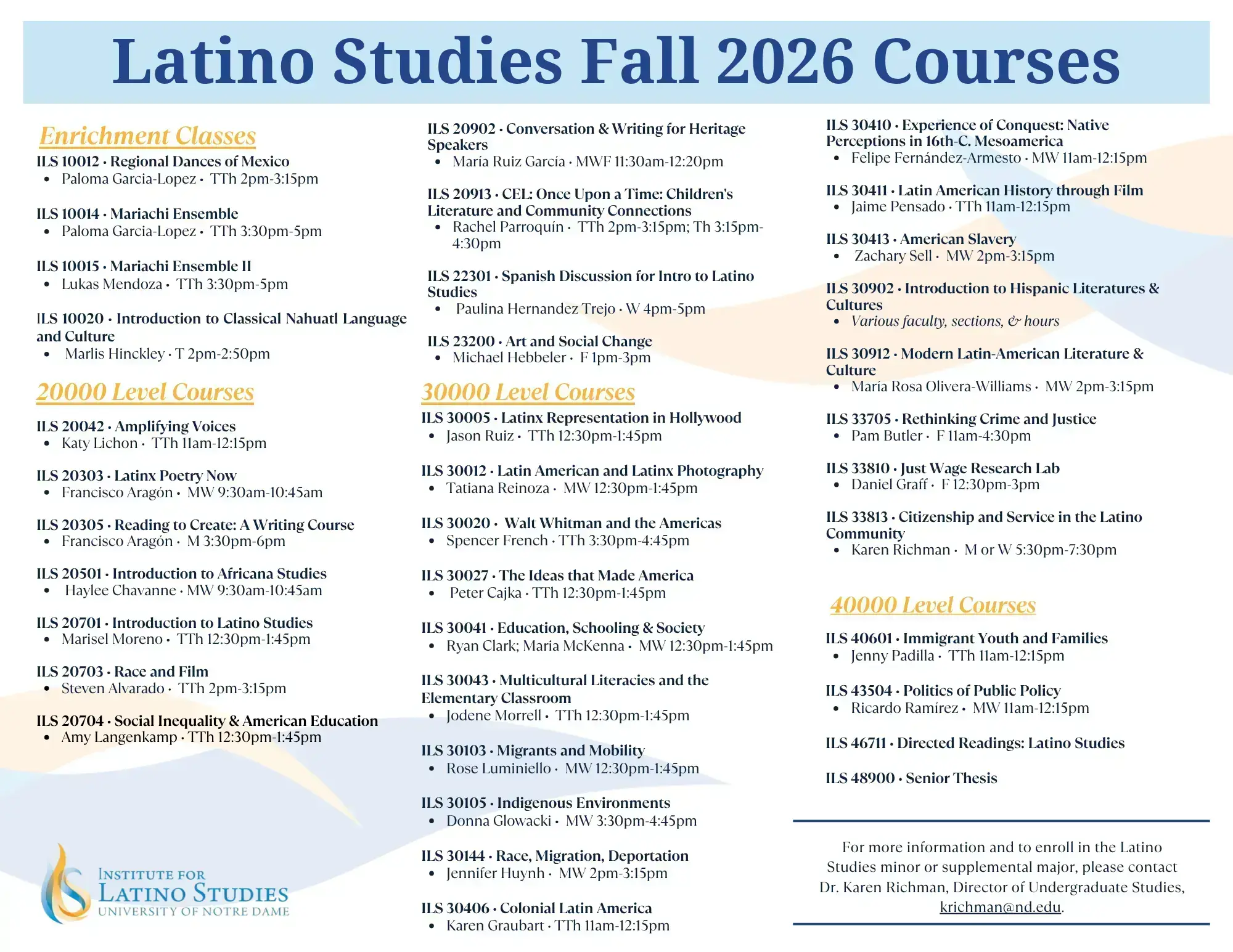 Flyer listing Latino Studies courses for Fall 2026, from the Institute for Latino Studies at Notre Dame. Update 8/18/26